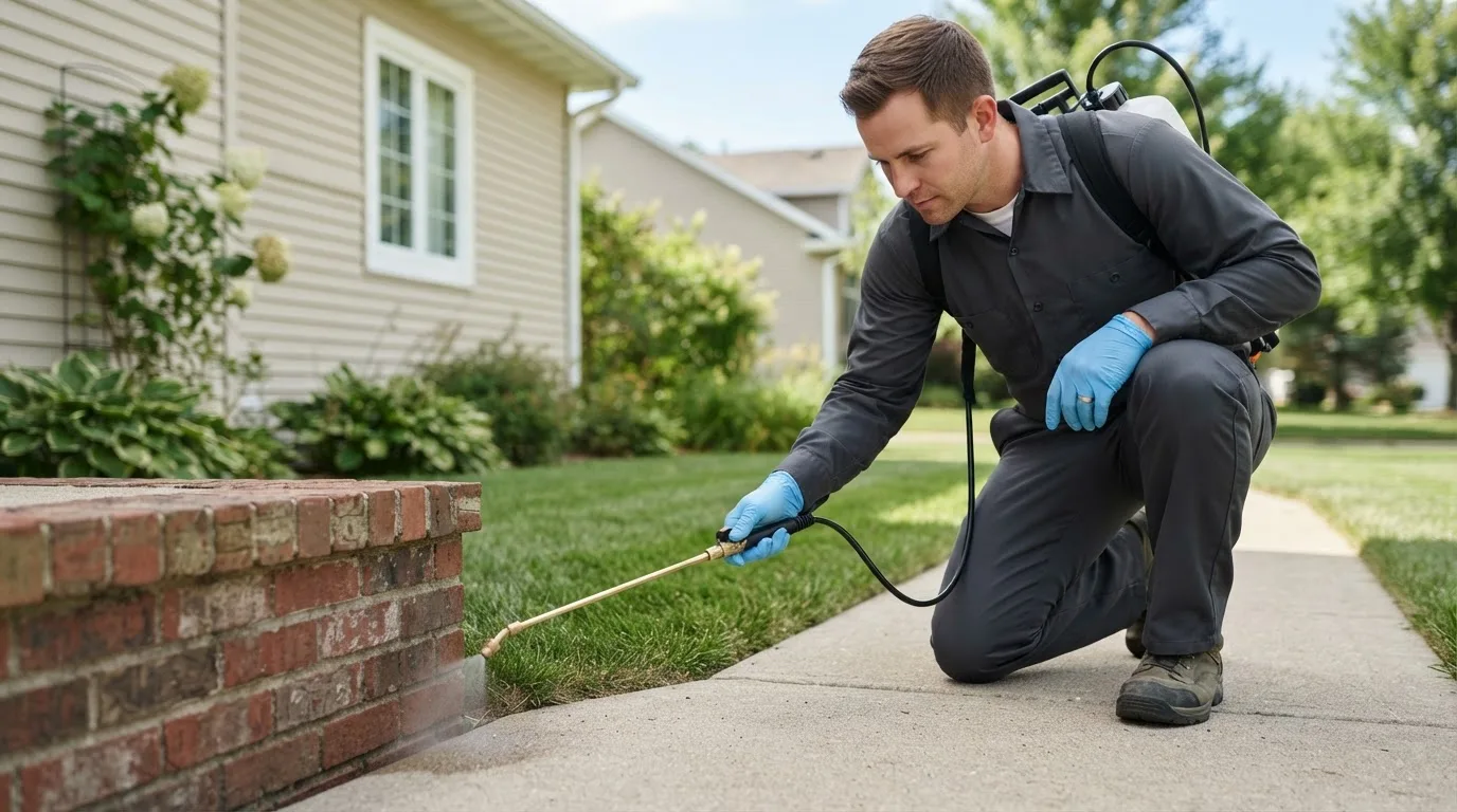 Pest control technician treating a home near Brightwaters, NY