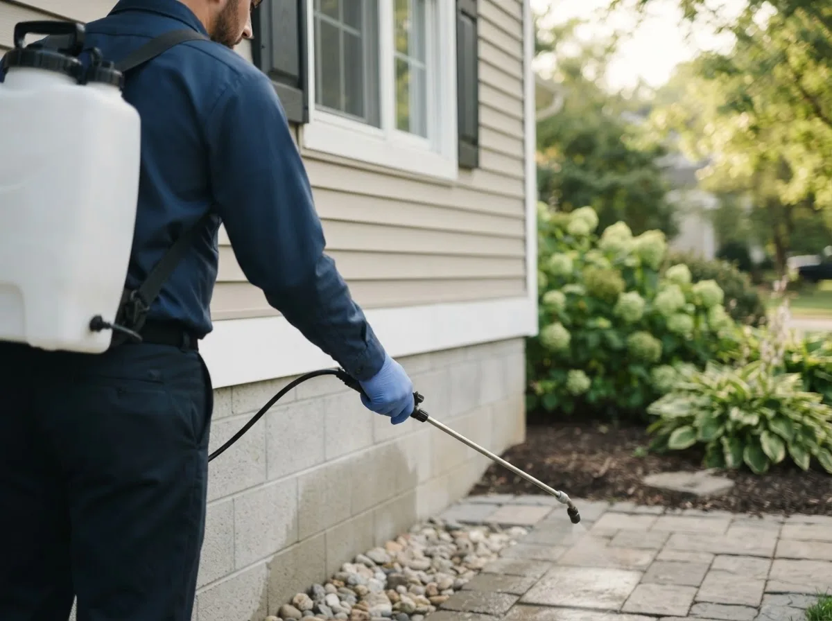 Pest control technician inspecting a home in Brightwaters, NY